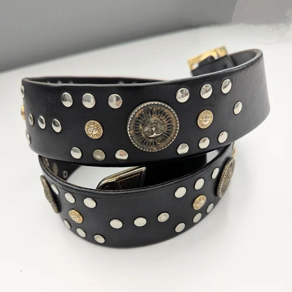 Vintage Unisex Black Studded Leather Sun Medallion Belt - Picture 1 of 11